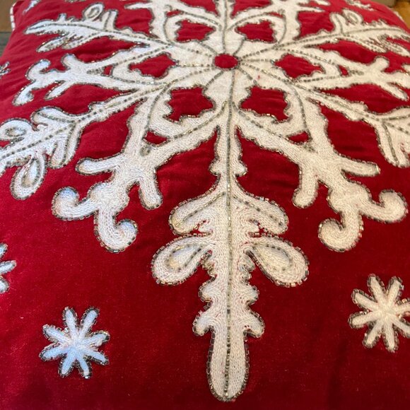 Red & White Embroidered Snowflake Throw Pillow By Envogue Holiday  18" x 18" - Picture 7 of 7